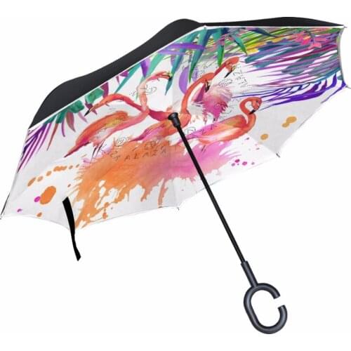 Windproof Reverse Folding Double Layer Inverted Umbrella Flamingos UV Protection Umbrella Self Stand C-Hook Hands for Car