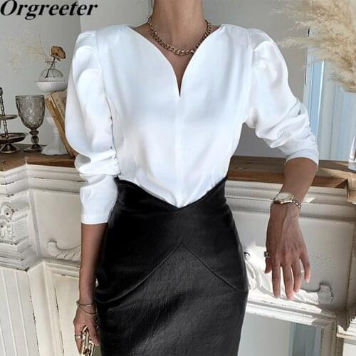 Sweet Puff Sleeve 3D Design V-neck Long Sleeve White Shirt&Blouse Spring New Lady Shirt Tops Female Office Work wear