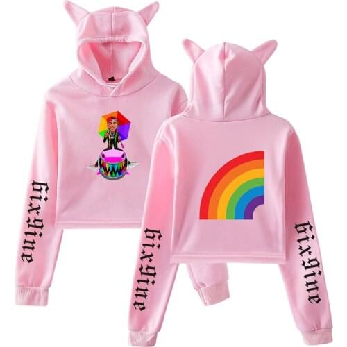 Rapper 6ix9ine GOOBA Cat Ear Pink Hoodies Women Cat Crop Top Hoodie Female Rainbow Sweatshirt Trend Streetwear Hip Hop Clothing