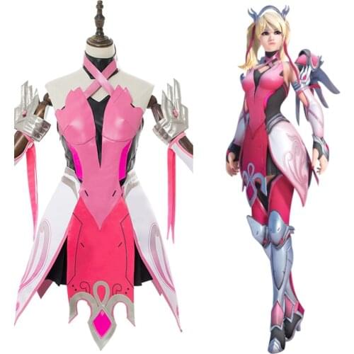 OW Cosplay Costume Mercy Angela Ziegler Pink Mercy Skin Cosplay Costume For Girls Females Halloween Carnival Custom Made