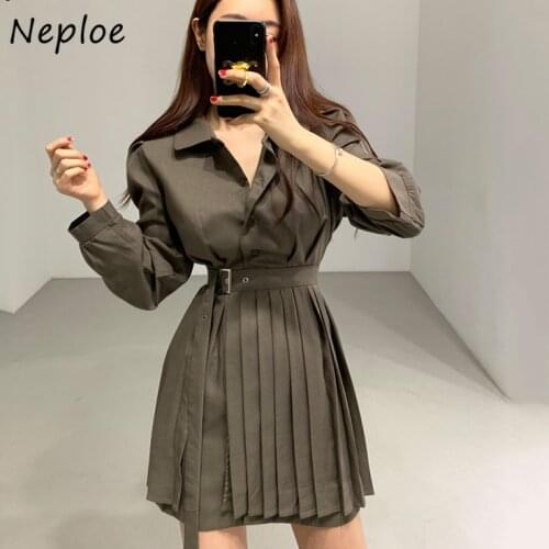 Neploe Spring Chic Two Piece Set Turn Down Collar Single Breasted Blouse + High Waist Pleated Skirts French Style Women Suit