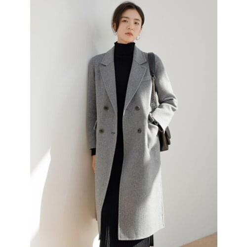 Grey double-sided cashmere coat womens medium long knee high-end thickened loose wool coat 2021 NEW