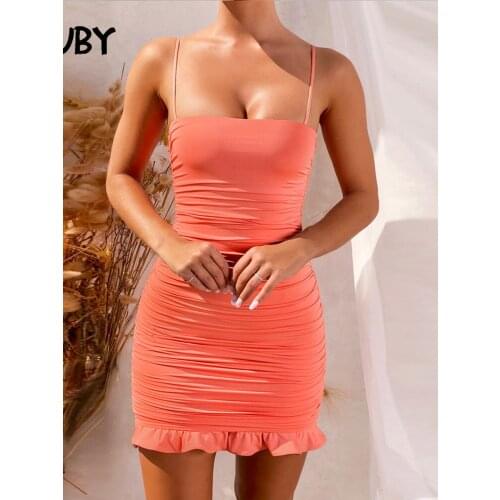 SRUBY Summer Women Dress Mini Spaghetti Strap Club Party Bodycon Dress Backless Sexy Dress Ruffles Elegant Ruched Dress 2020