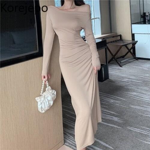 Korejepo Women Dress 2021 Autumn New Korean Chic Sexy Slash Neck Oblique Shoulder Slim Irregular Temperament Long-sleeved Dress