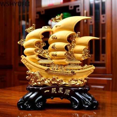 Golden Lucky Money Ferry Chinese Style Resin Crafts Statue Home Decor Porch Ornament Living Room Decorations Birthday Present