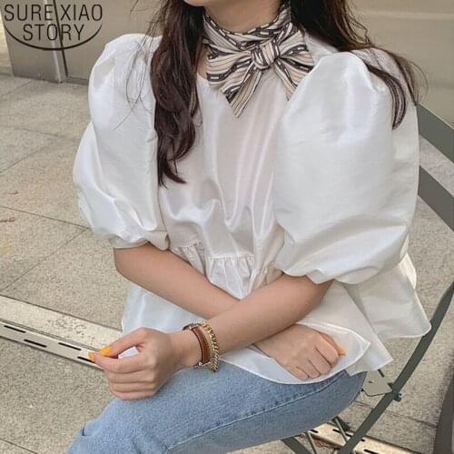 2021 Fashion Chic Shinny Blouse Women Summer Blouse Short Puff Sleeve Pleated O Neck Ladies Shirt Korean New Loose Tops 13551