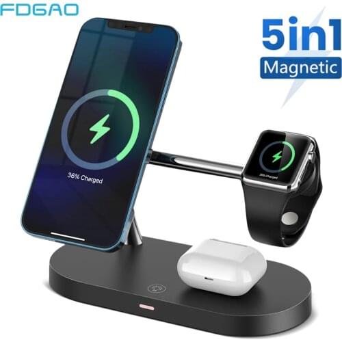 5 In 1 Magnetic Wireless Charger Stand 15W Fast Charging Dock Station For IPhone 12 Pro Max Mini Airpods Apple Watch 6 SE 5 4 3