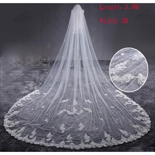 Free shipping romantic lace flowers long trailing soft yarn veil 3.8M Super long wedding bride wedding veil