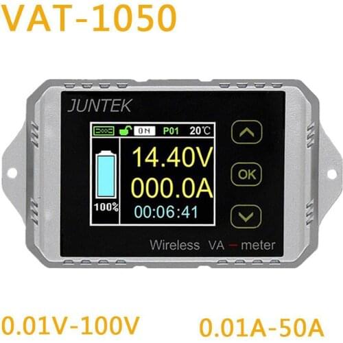 Juntek VAT1050 Wireless Voltage Current Meter 100V 50A Car Battery Monitoring 12V 24V 48V Battery Coulomb Counter VA Meter