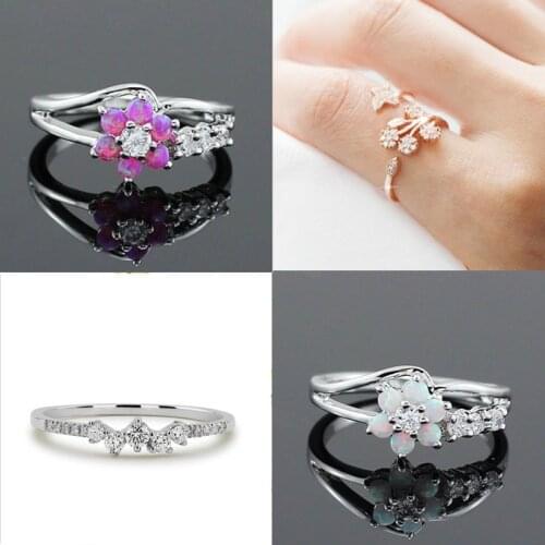 Glamour Creative Zircon Crystal Rhinestone Imitation Opal Rose Flower Leaf Butterfly Adjustable Size Ring Wedding& Party Jewelry