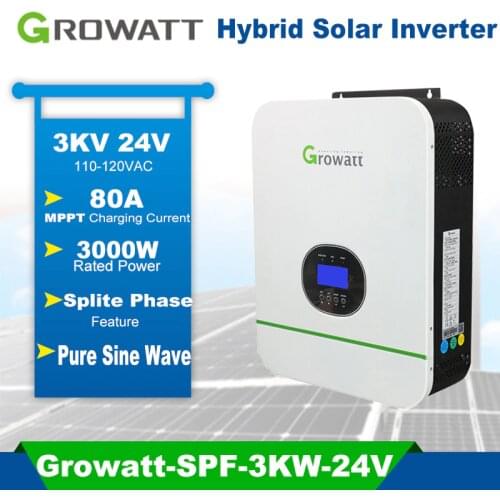 Growatt 3000W Pure Sine Wave Solar Inverter Hybrid 24V 110V Off Grid Tie Inverter High Frequency With MPPT 80A Solar Controller