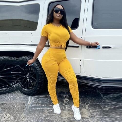 HAOYUAN Sexy 2 Piece Matching Sets Short Sleeve Bandage T-shirt Top Stacked Leggings Tracksuit Women Fashion Clothes Streetwear