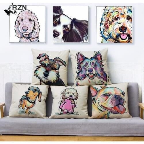 Cartoon Colorful Watercolor Pet Dog Print Throw Pillow Cover 45*45cm Cushion Covers Linen Pillow Case Home Decor Pillows Cases