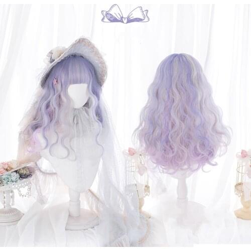 Creamy Mixed Pink Purple Lolita Wig Women Harajuku Long Curly Hair Cute Bangs Small Curls Adult Chic Girls Cosplay Daily Wear