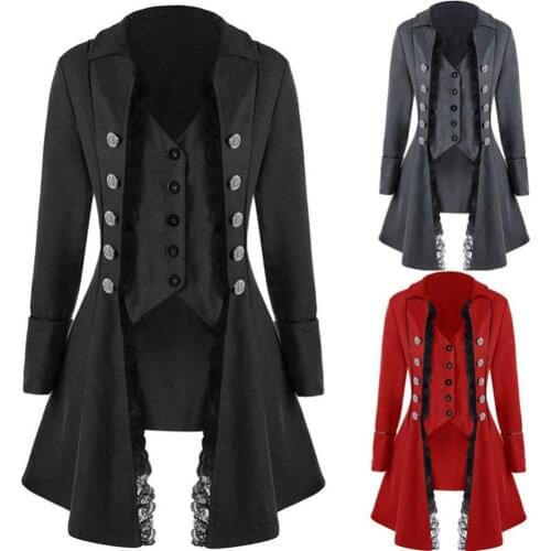 Dropshipping Women Retro Lace Long Sleeve Button Tailcoat Party Costume Medieval Coat Jacket
