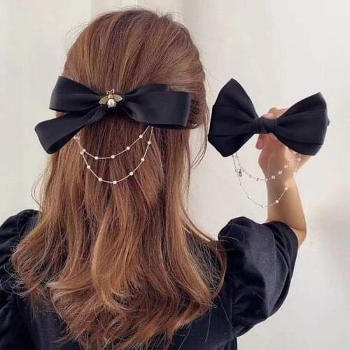 New Elegant Bow Pearls Chain Barrettes Hairpins For Women Rhinestone Spring Hair Clips Ribbon Headband Ponytail Hair Accessories