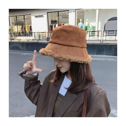 New Fashion Warm Women Bucket Hat Winter Suede Artificial Fur Thick Plush Female Hats Wool Fleece Fisherman Caps Panama Cap