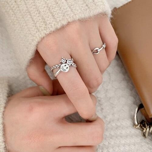 Retro Three Smiley Cross Minimalist Boho 925 Sterling Silver Adjustable Rings For Women Fashion Trendy Korean Jewelry Gift