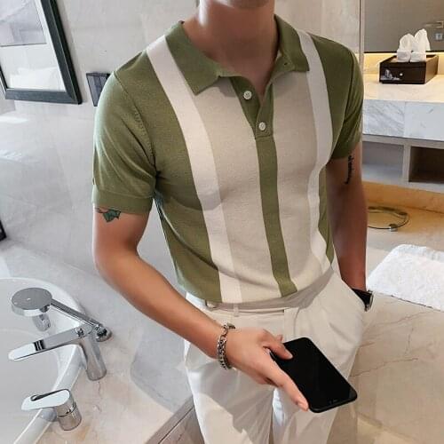 High Quality Short Sleeve Knitted Polo Shirt Office Club Party Blue Green Elegant Spliced Color Polo Shirt Men Breathable 2021