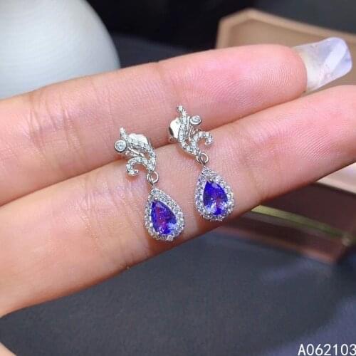KJJEAXCMY 925 sterling silver inlaid natural Tanzanite Girl fresh trendy water drop plant gem earring ear stud support detection