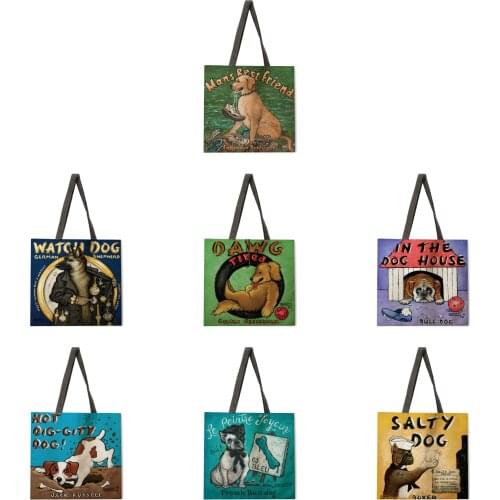 Letter Dog Print Tote Bag Shoulder Bag Linen Fabric Casual Tote Bag Foldable Shopping Bag Reusable Beach Bag
