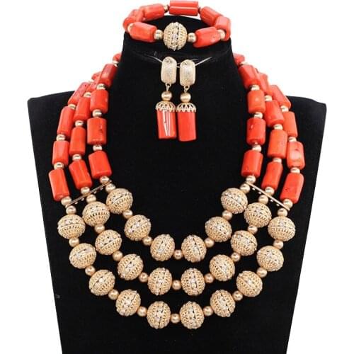 Traditional African Wedding Original Coral Beads Jewelry Set Dubai Gold Party Bridal African Nigerian Beads for Women CNR842