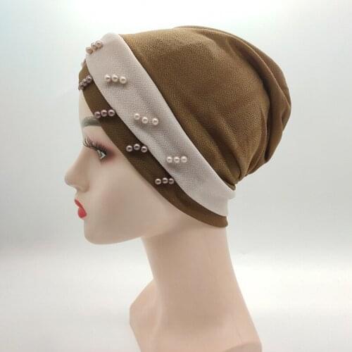 Turban Cap Hat Casual Beanies Woman Lady Simulated Pearl Indian Muslim Scarf Bandana Headband Hijab Chemotherapy Hedging Cap