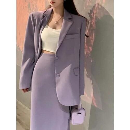 Spring Women Purple Skirt Purple Suit 2021 Elegant Single-breasted Suit Jacket & Split Pencil Skirt Summer Ladies Blazer Set