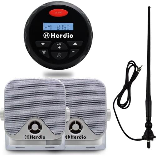 Waterproof Marine Gauge Bluetooth Stereo Motorcycle Audio FM AM Radio Boat ATV UTV 4" Marine Surface Mount Speakers + Antenna