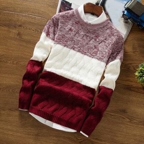 Knit Sweater Mens Sweater Thick Warm Pullover Men 2021 Fall/winter O-neck Long-sleeved Color-blocking Slim-fit Knit Pullover