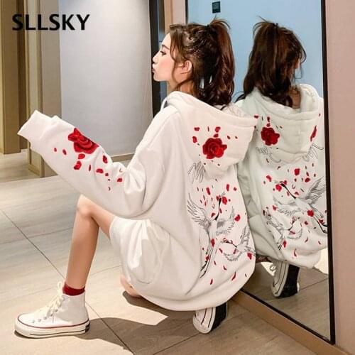 SLLSKY Women Loose Sweatshirts Autumn Long Sleeve Cute Bird Print Harajuku Hoodie Streetwear Winter Oversized Tops Hoody Female