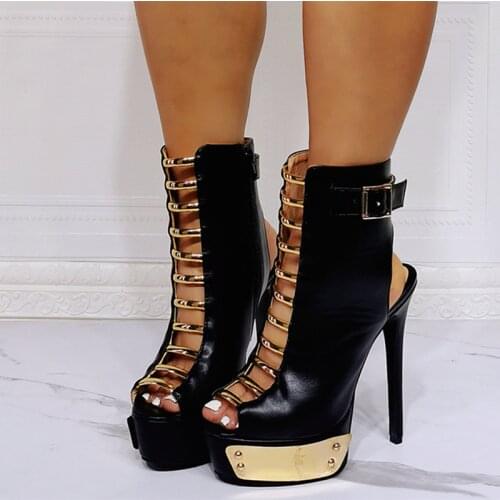 Ladys Boots Breathable Peep Toe Ankle Boots Open Heel Metal Decoration Fashion Shoe Hollow Out Platform High Heels Big Size 47