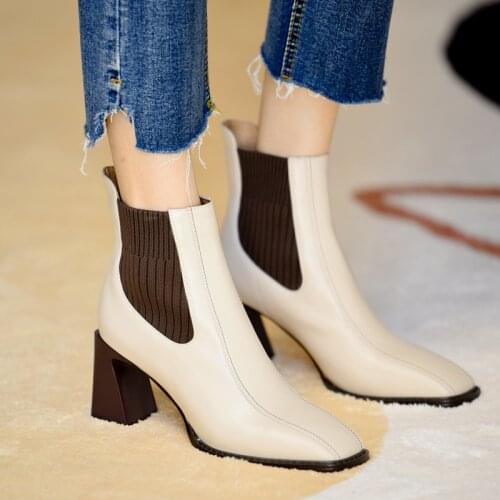 Women Shoes 2021 Hot New Ankle Boots Women High Heels Simple Fashion Office Shoes Woman PU Leather Slip on Chelsea Boots Shoe