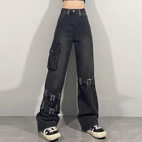 Highstreet Zipper Binding Jeans Womens Spring 2021 New High Waist Straight Loose Pocket Denim Cargo Pants for Men Hot Sale