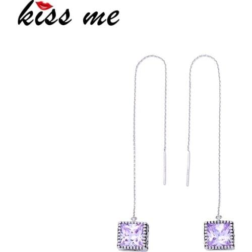 Kissme Unique Two-sided Different Color Zircon Threader Earrings For Women Vintage Silver Color Long Chain Brass Dangle Earrings