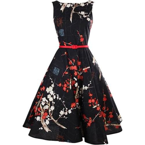 Womens Summer Dress Dress Skirt High Waist Sleeveless Dress Black Bottom Plum Blossom Print Slim Lady Retro Big Swing Skirt
