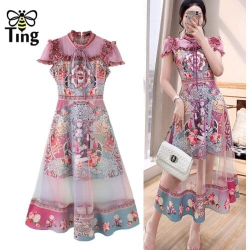 Tingfly Vintage Elegant Pink Flower Print Summer Ruched Midi Long A Line Dress Women Retro Printing Boho Casual Vestidos Robes