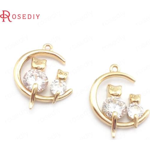 39880)10PCS 15x19MM 24K Champagne Gold Color Brass and Zircon Mother and Baby Cat Charms Pendants Jewelry Making Accessories