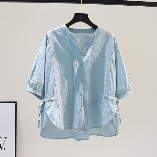 Blouses and Shirts Womens Summer Top Short Sleeve Loose Cotton Drawstring Waist T-shirt Women O Neck Single-breasted Shirt