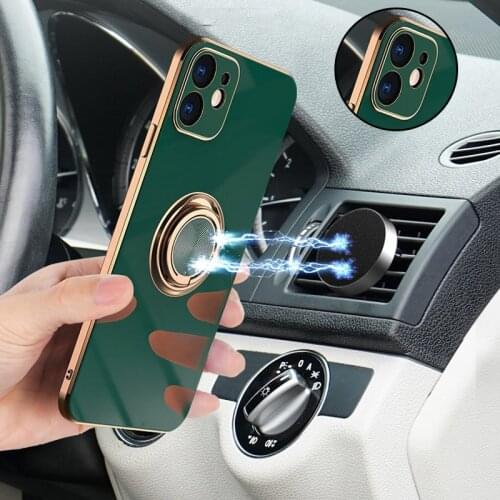 For iPhone 12 Pro Max Mini 11 XS XR X SE 2020 7 8 Plus Case Ring Holder Plated Full Protect Camera Soft Right Angle Bumper Cover