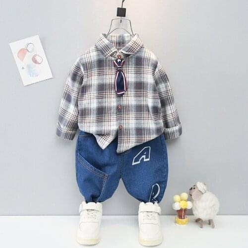 Children Boys Girls Cartoon Patchwork Plaid Clothing Suits Baby Shirt Jeans 2Pcs/Sets Spring Autumn Toddler Cotton Tracksuits