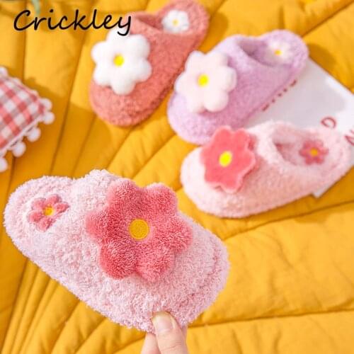 3D Flowers Childrens Winter Shoes Pink Princess Girls Floor Slippers Non Slip Warm Plush Soft Bottom Indoor Kids Slippers