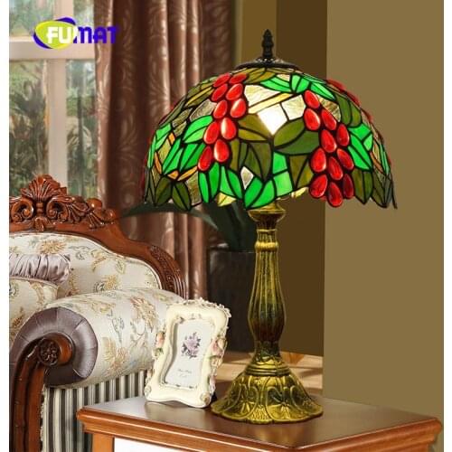 FUMAT European Pastoral Grape Tiffany Stained Glass Baroque Retro Dragonfly Living Room Dining Room Bedroom Bedside Table Lamp