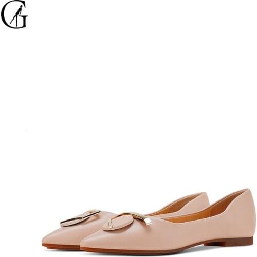 GOXEOU Womens Flats PU Pink Apricot Matte Metal Buckle Pointed Toe Shallow Fashion Casual Office Ladies Shoes Size 35-40