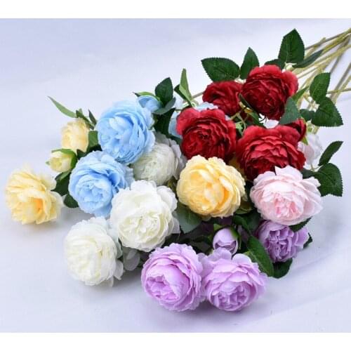 6Colors to Pick 66cm Rose Pink Silk Bouquet Peony Artificial Flowers 3 Big Heads Bride Wedding Home Decoration Fake Flowers Faux