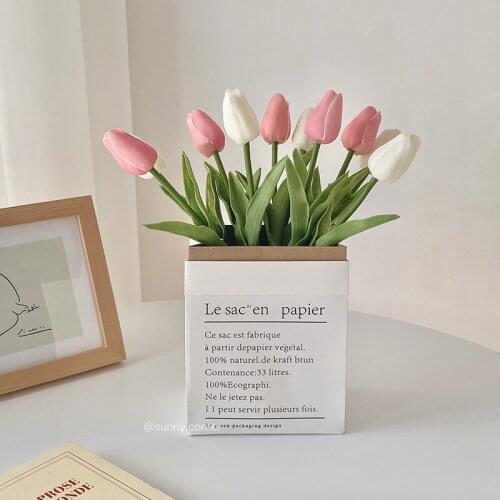 10pc Tulip Artificial Fake Flower Tulip Bouquet Floral Wedding Bouquet Party Home Decor Yellow White Red Pink With Cowhide bag