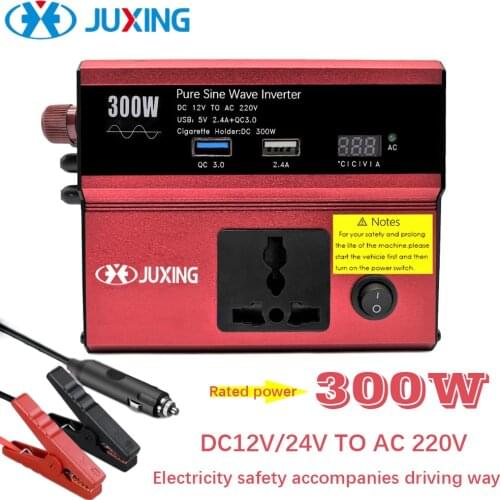JUXING 300W Pure Sine Wave Car Power Inverter DC12V/24V To AC 220V Converter With Universal Socket and QC 3.0 USB Fast Charging