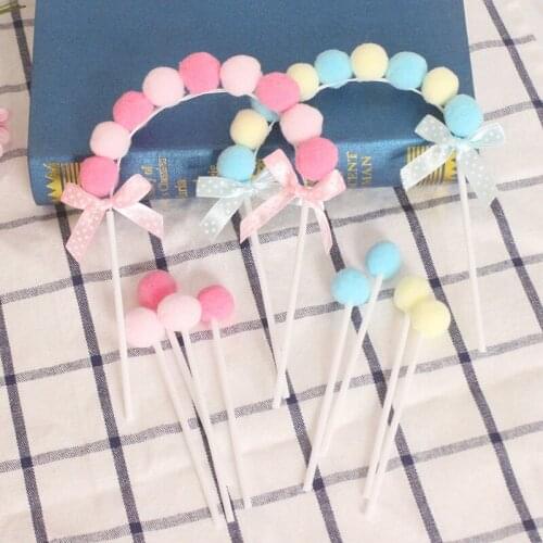 Candy Color Pink Blue Small Hairball Arches Shape Bow 5pcs Birthday Baby Shower Party Cake Decor Ornaments Baking Accessories