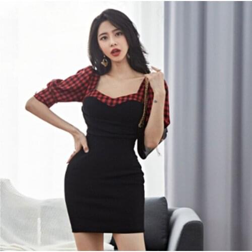 Plaid Patchwork Women Fashion Square Collar Slim Mini Dresses 2020 Newest Korea Women High Waist Sexy Package Hip Dress Mujer