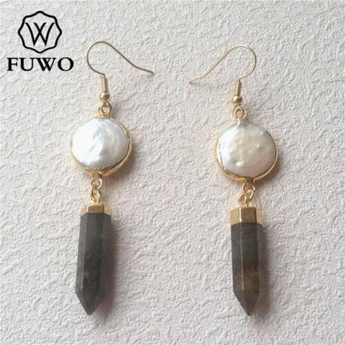 FUWO Fashion Freshwater Pearl Labradorite Earrings With 24K Gold Filled Raw Stone Drop Earrings Bohemia Jewelry Wholesale ER520